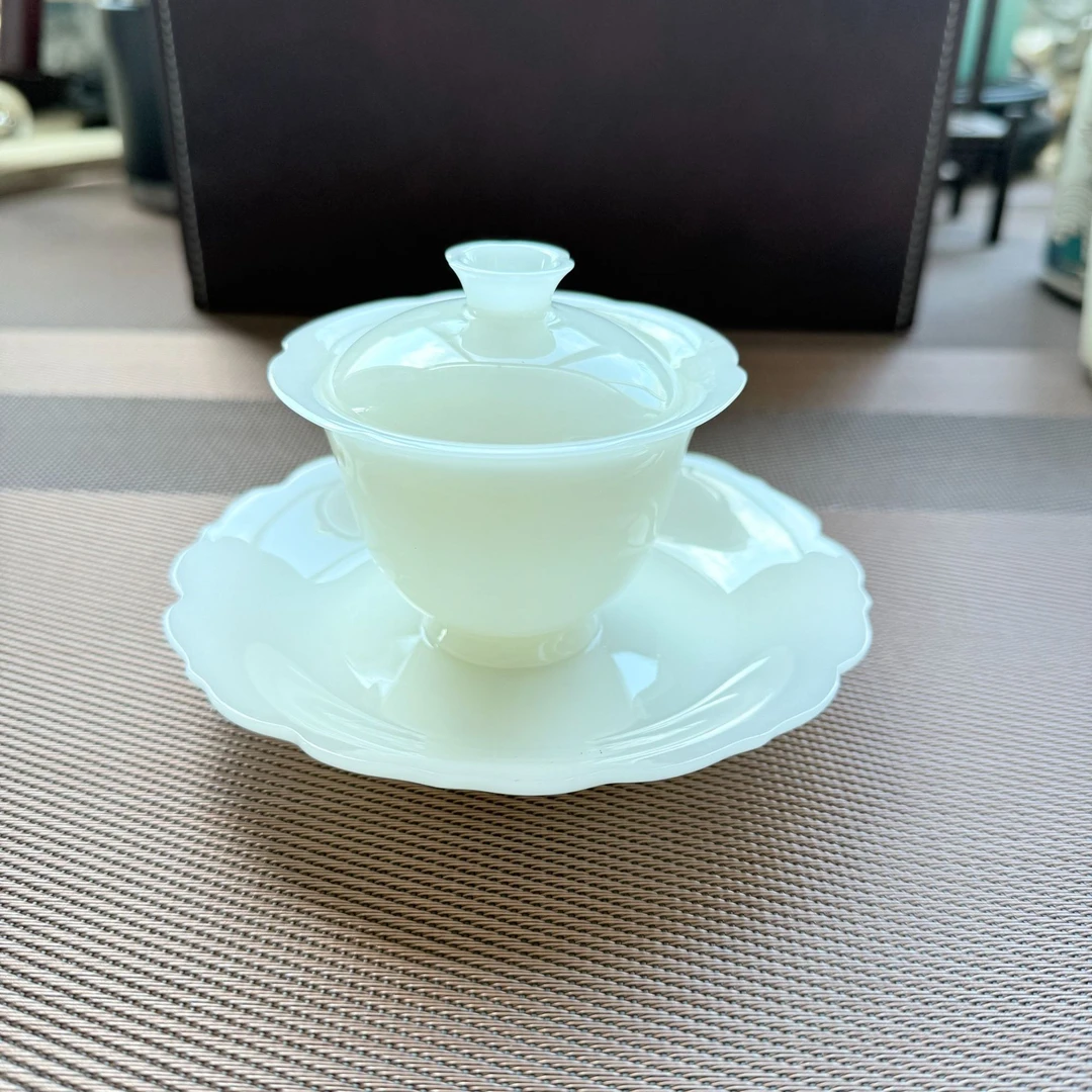 高档璞玉瓷花瓣三才盖碗家用功夫陶瓷泡茶碗防烫