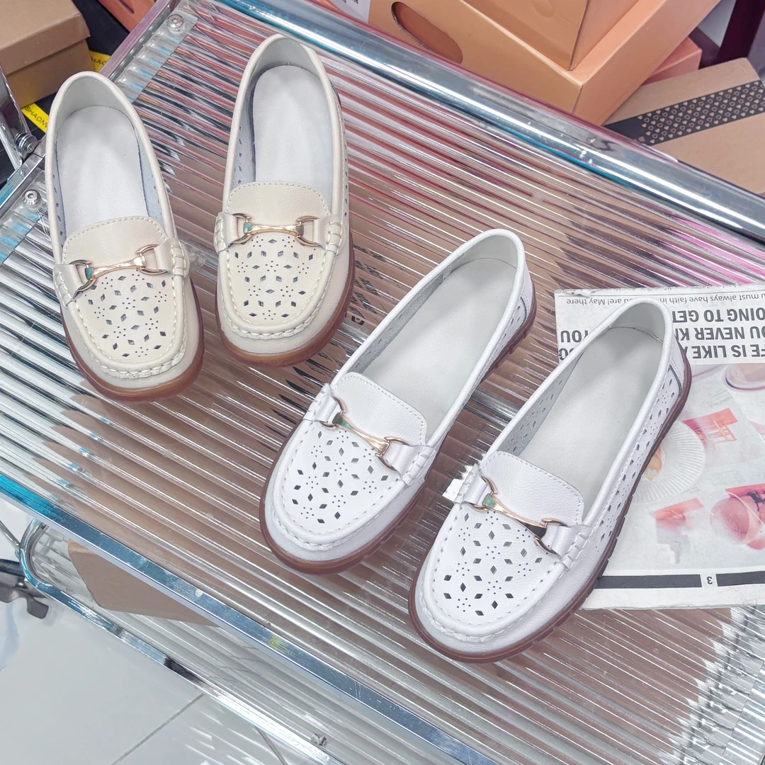 89-1妈妈鞋平底单鞋豆豆鞋中老年牛筋软底防滑镂空透气夏季鞋