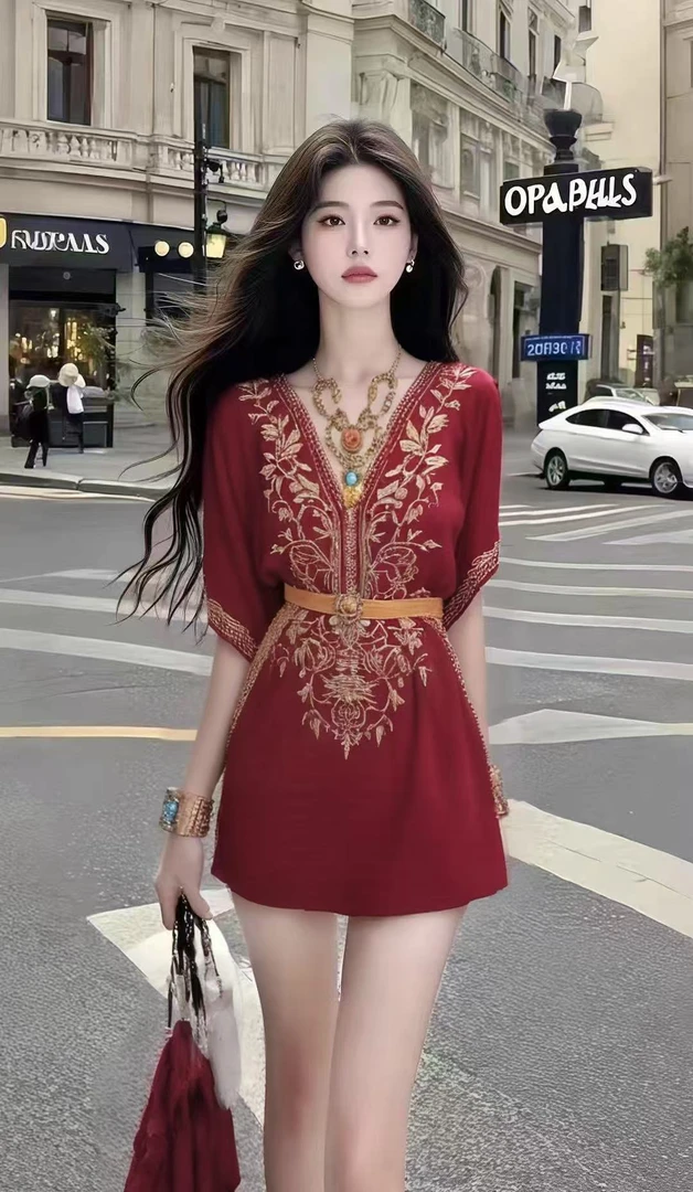 轻奢时尚气质名媛酒红色V领收腰刺绣显瘦小众连衣裙女氛围感短裙