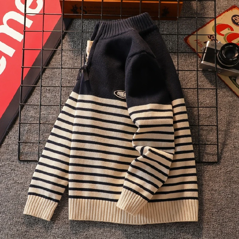 男童学生毛衣新款秋冬装中大童高领条纹衣服儿童针织线衫加绒加厚