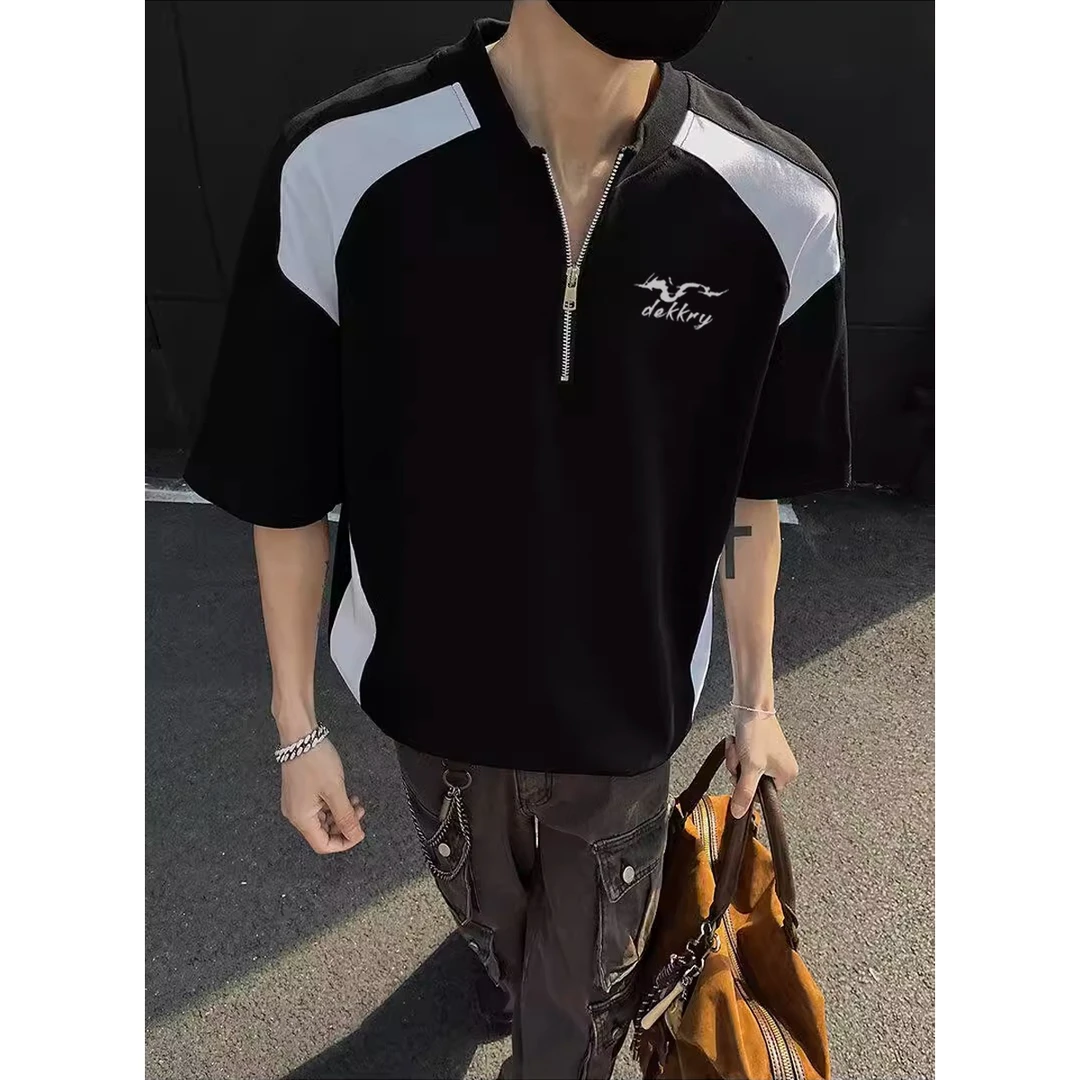 美式潮牌半拉链解构短袖T恤男春夏季创意印花宽松高街风纯棉上衣