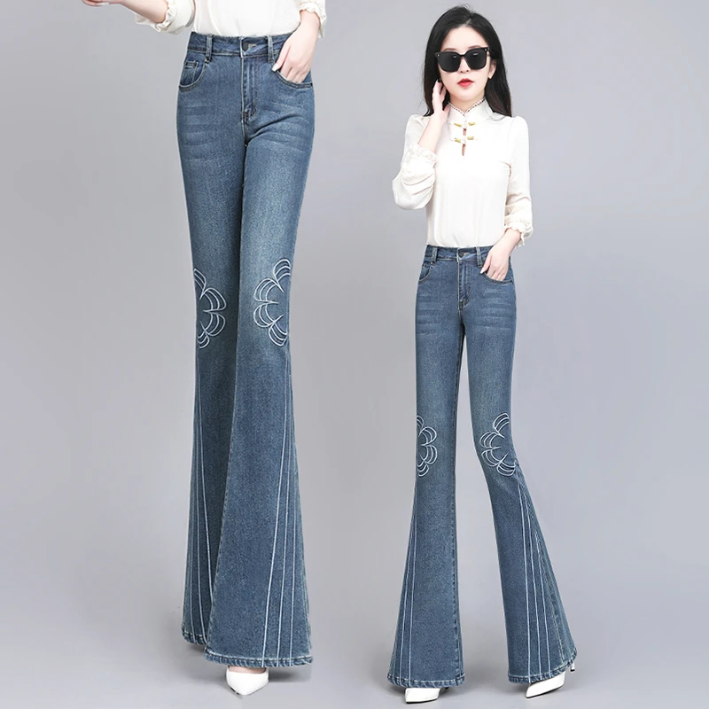 国潮风时尚国风刺绣喇叭裤新款牛仔裤高腰春秋长裤修身百搭显瘦