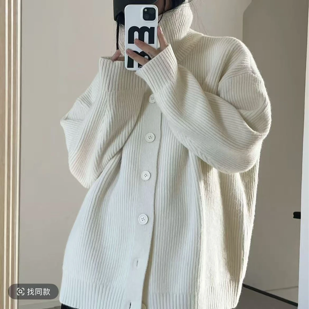 慵懒风白色高领毛衣女秋冬2025新款韩系氛围感穿搭宽松针织上衣