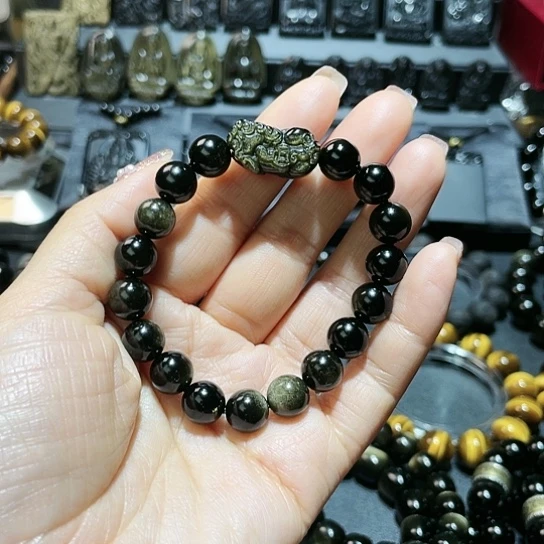 黑曜岩手串未镶嵌九****7   金曜石10mm貔貅