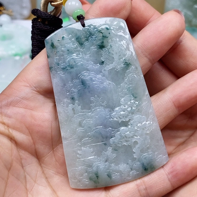 【闪购商品】翡翠颈饰未镶嵌天然翡翠A货紫罗兰飘花山水牌