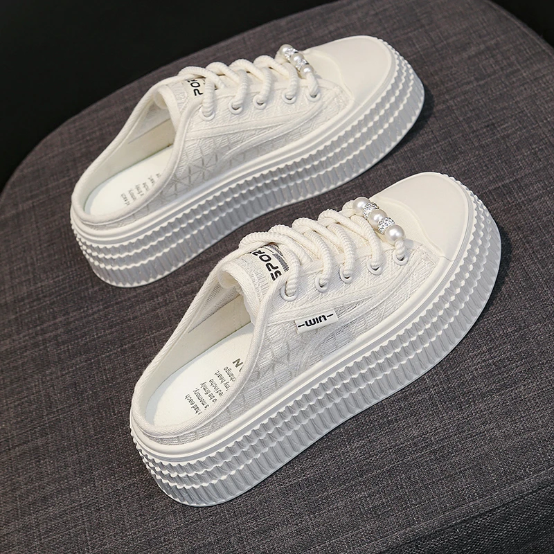 厚底包头半拖鞋女2025夏季新款百搭增高一脚蹬懒人配裙子小白凉拖