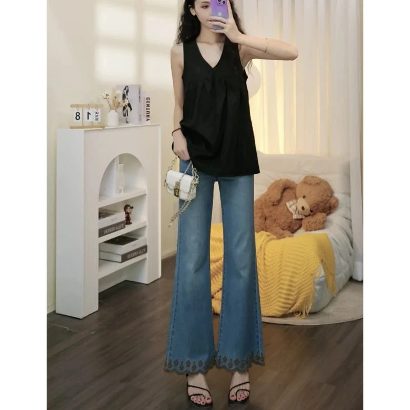 莱赛尔天丝夏季牛仔裤女宽腿喇叭裤重工刺绣高腰弹力拖地不贴腿