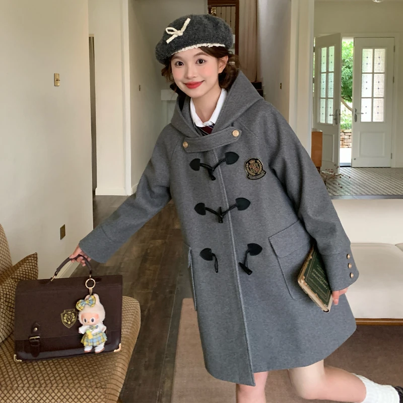 东京岁时记jk秋冬新款牛角扣连帽大衣灰色中长款毛呢外套莱克学院