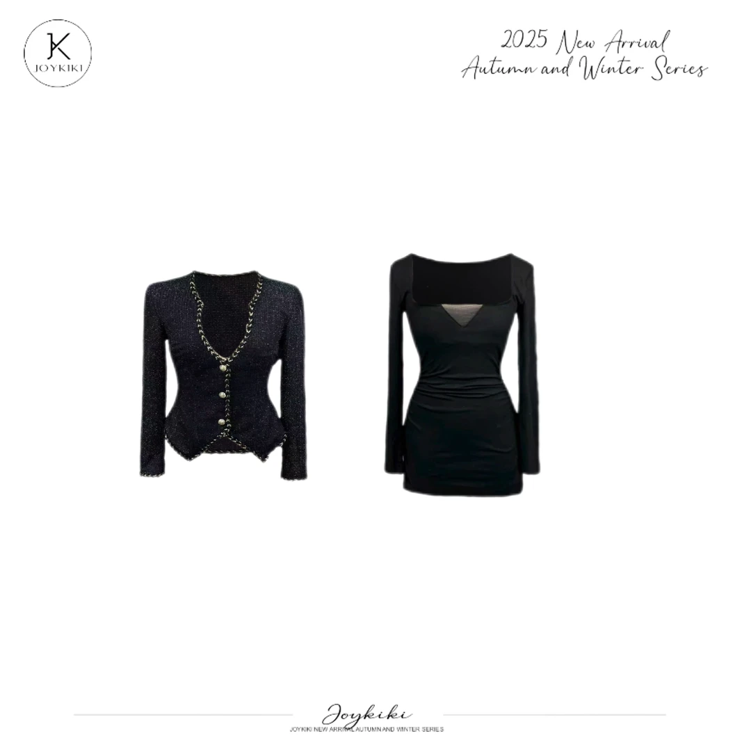 JOYKIKI金金【高阶美神】气质优雅拼接设计长袖连衣裙套装J25D171