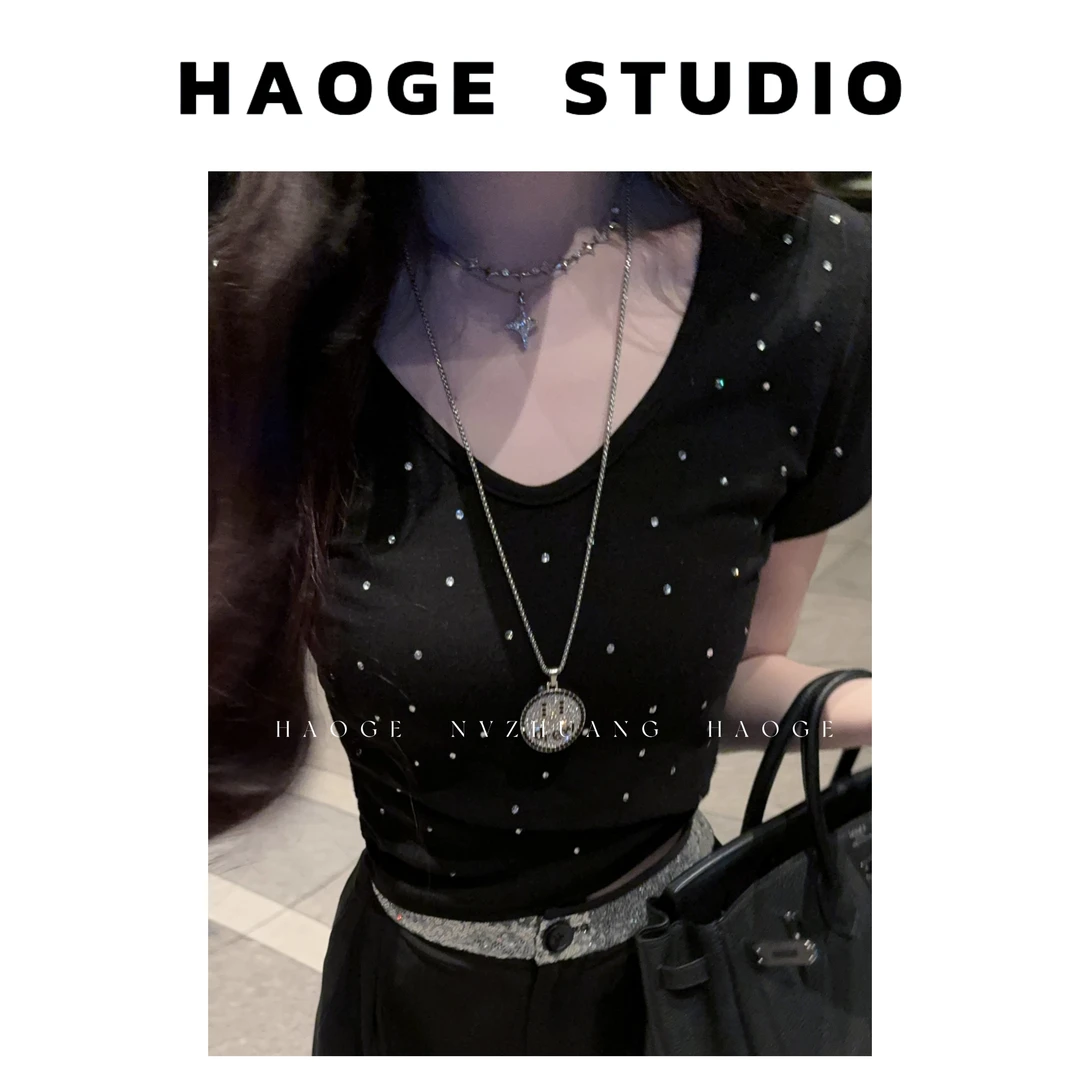 浩哥严选●满钻T恤预X5TX0358A简版短款设计感小众甜辣显瘦纯欲夏