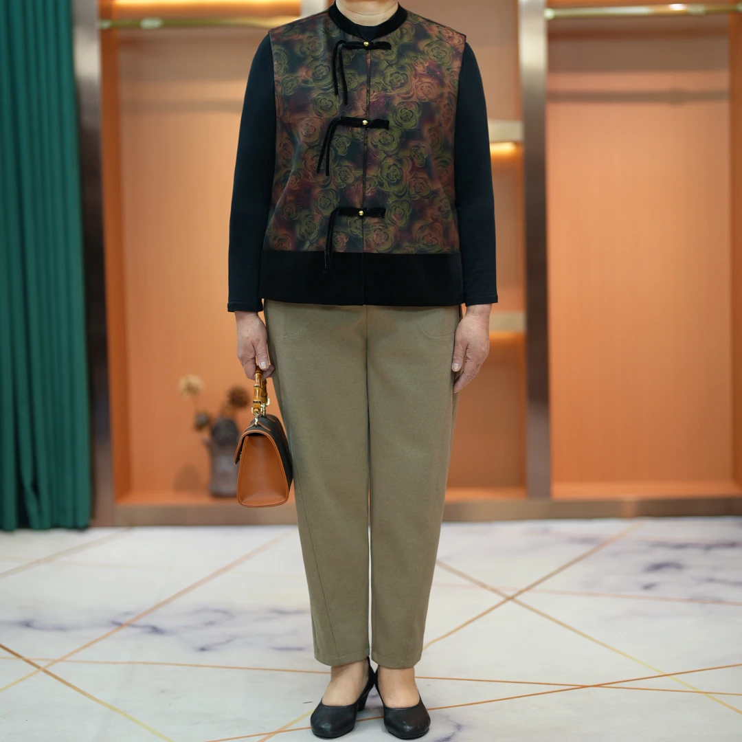 大码妈妈装渐变花国风立领马甲2025春秋款中老年休闲百搭拼接背心