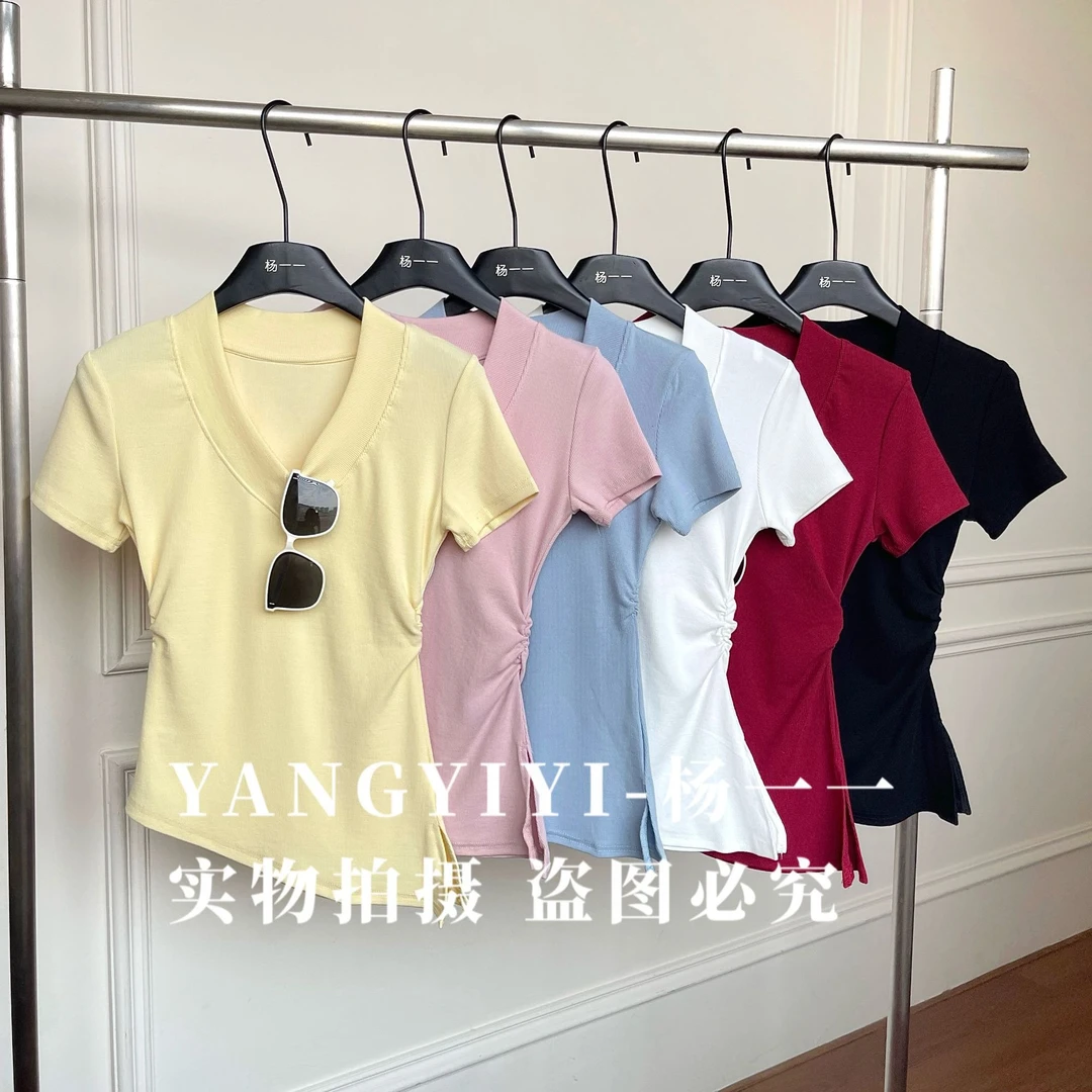 039【杨一一推荐】设计感V领短袖t恤女时尚褶皱收腰显瘦小众上衣夏