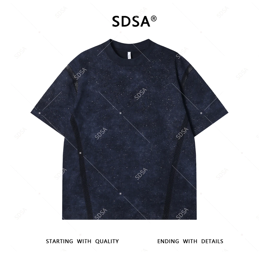 夏季高级感新款男士美式镂空网格短袖T恤百搭时尚满天星圆领上衣