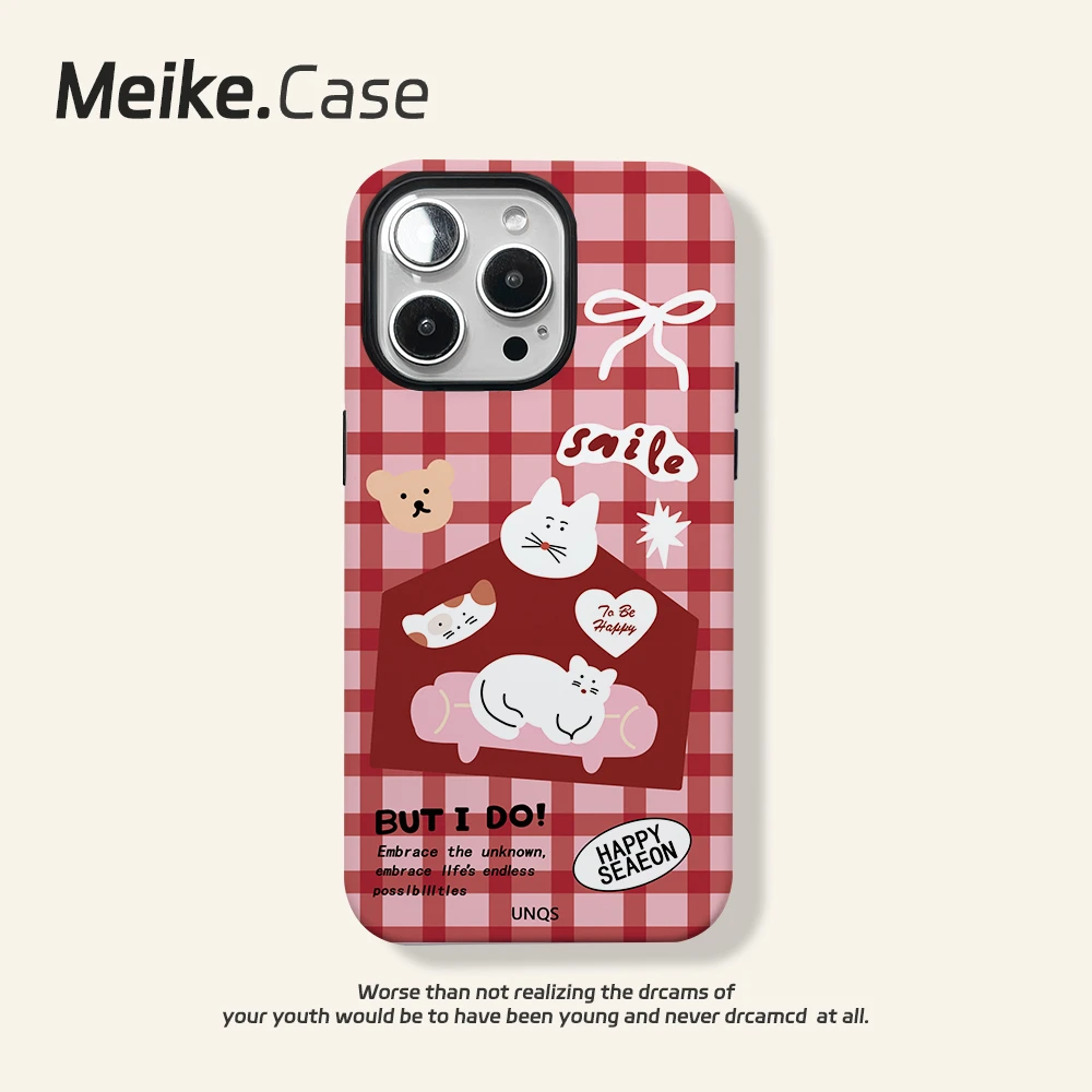 菲林二合一格纹小猫适用苹果16保护壳华为OPPO小米手机壳iPhone15