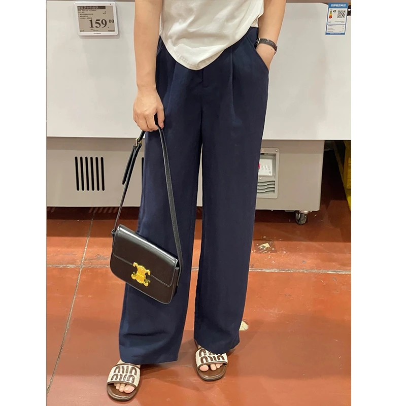 WenWen小个子高腰休闲韩版时尚天丝亚麻窄版直筒裤显瘦裤1473