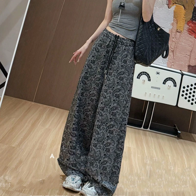 时尚提花松紧腰休闲裤女2025夏季爆款高腰直筒百搭拖地阔腿长裤潮