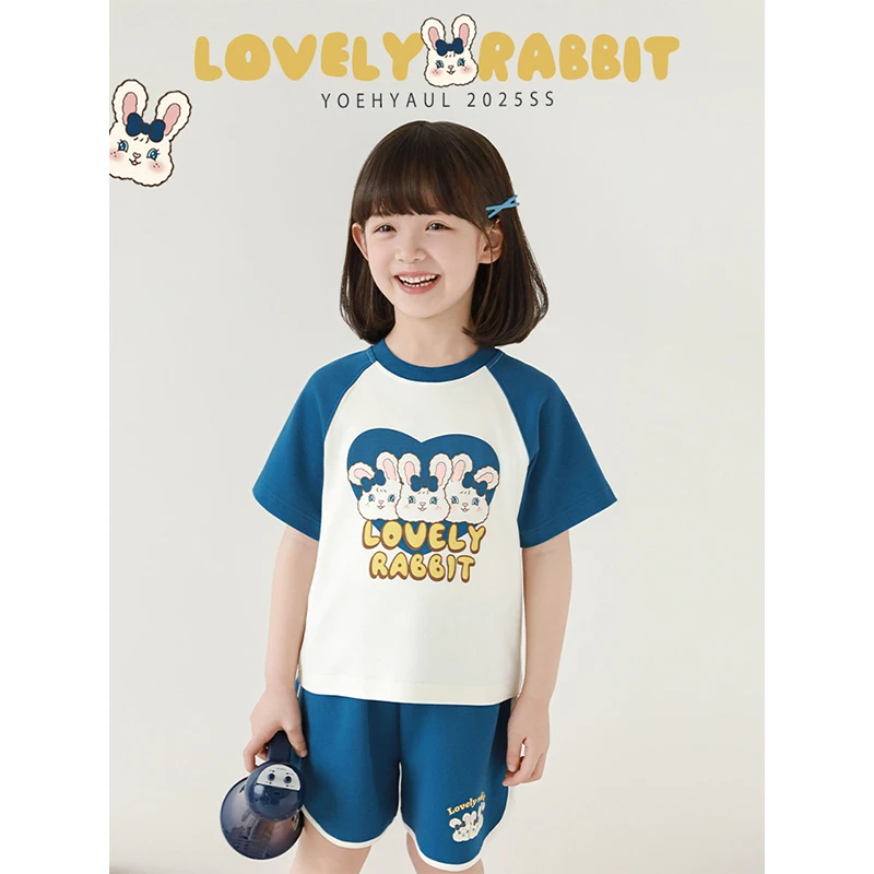 YOEHYAUL/幼悠幼悠【兔叽搭配】 夏壹波女童休闲卡通短袖套装 X4996