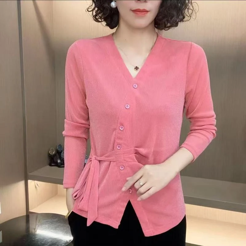 秋季爆款纯色弹力网纱修身光版系带长袖纽扣洋气时尚妈妈装打底衫