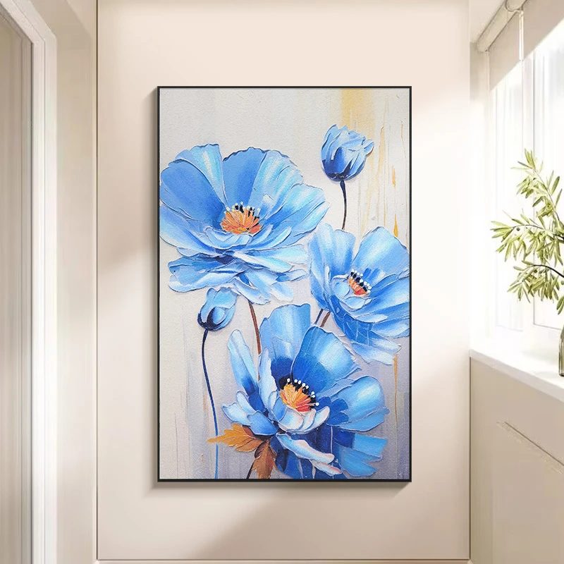 砂岩厚油肌理画 蓝花立体入户玄关走廊落地客厅装饰画兰花598