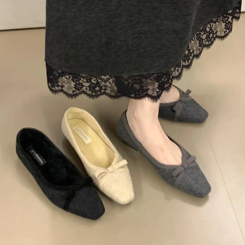 2025年新款法式蝴蝶结浅口单鞋女方头平底鞋韩版百搭秋季软底鞋