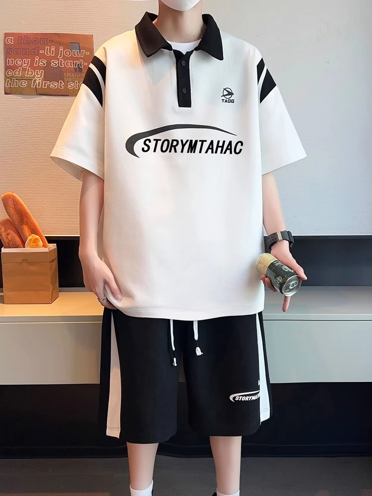 青少年夏季套装男孩初中学生大童薄款翻领短袖t恤帅气男装POLO衫