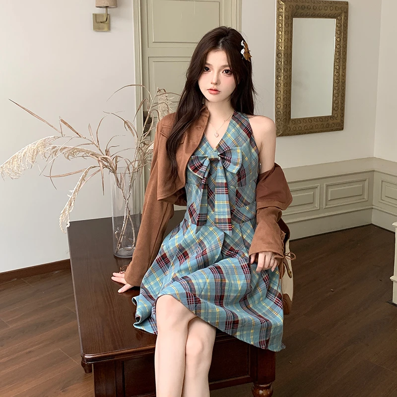 韩系高级感长袖格子连衣裙子女2025新款早初秋小个子套装