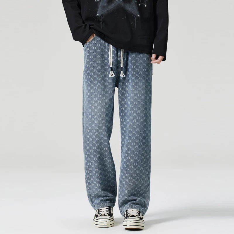 2025时尚男装美式复古高街牛仔裤男款宽松直筒潮牌套装百搭长裤子