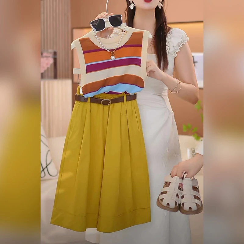 女童装夏季2025洋气中大儿童女孩撞色条纹针织背心阔腿裤两件套装