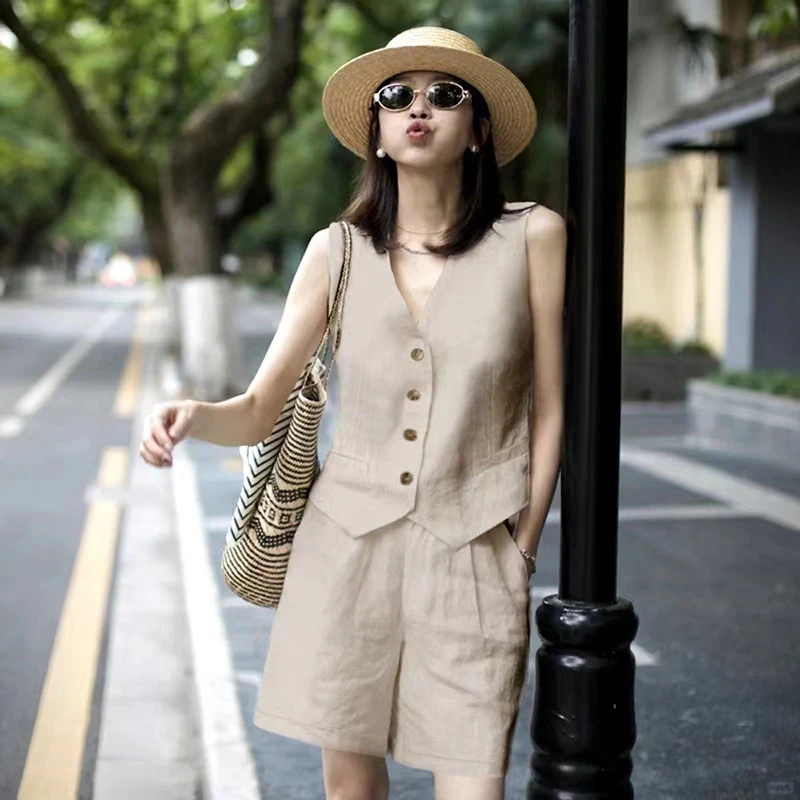 高端竹节麻马甲短裤套装女2025新款夏季薄款苎麻外穿小马夹背心