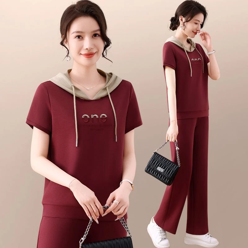 莫代尔棉短袖运动服套装女夏季新款时尚中年妈妈连帽休闲服两件套