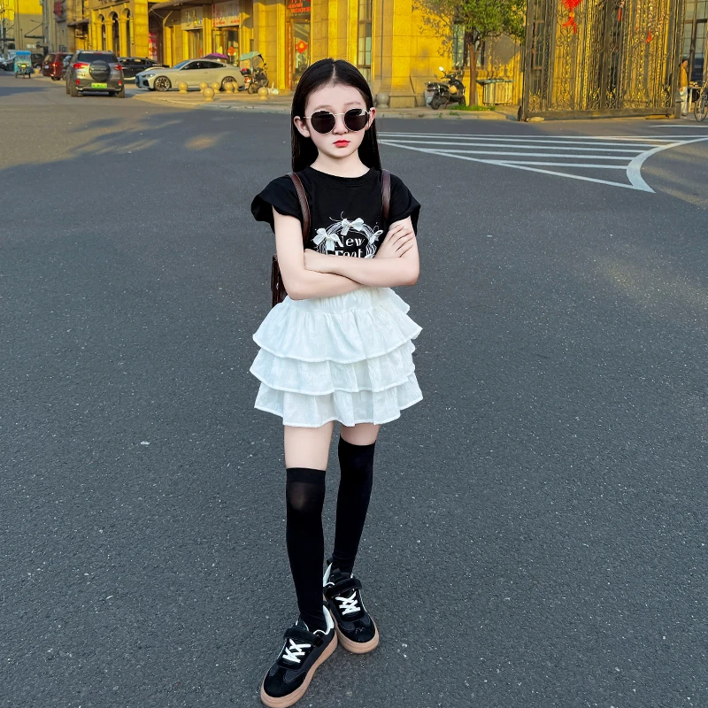 女童2025新款夏季女孩洋气韩范半身蛋糕裙小蝴蝶休闲上衣两件套潮
