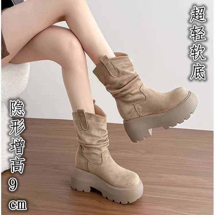大码35-42厚底内增高9cm马丁靴女秋冬新款增高显瘦V口短靴瘦瘦靴