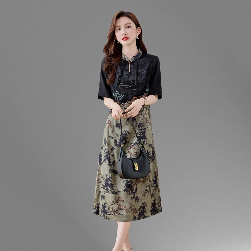 国风山水画刺绣连衣裙大码女装夏季新款高端气质妈妈宽松显瘦裙子