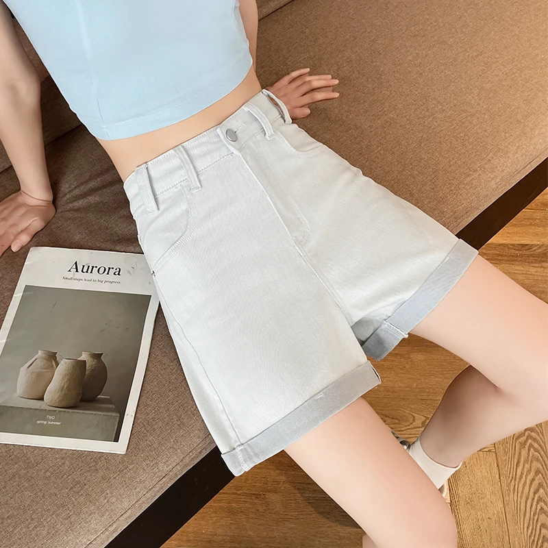 茶灰色牛仔短裤女2025夏薄款高腰弹力撞色拼接a字4分裤辣妹热裤