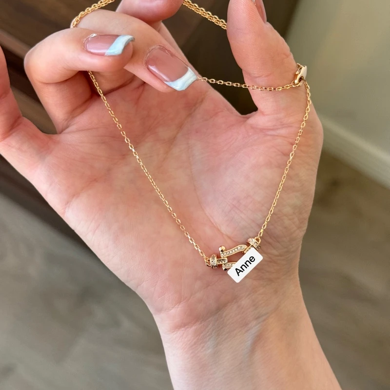 铜合金项链 玫瑰金色马蹄扣镶锆U型项链【X761】