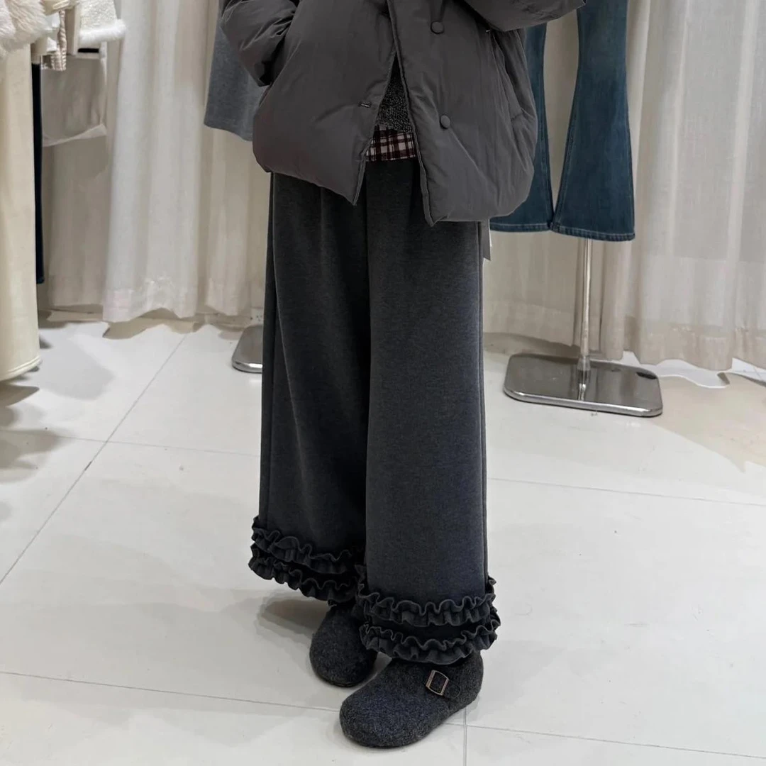 重工设计感木耳花边加绒休闲阔腿裤高腰抽绳百搭显瘦垂感直筒裤