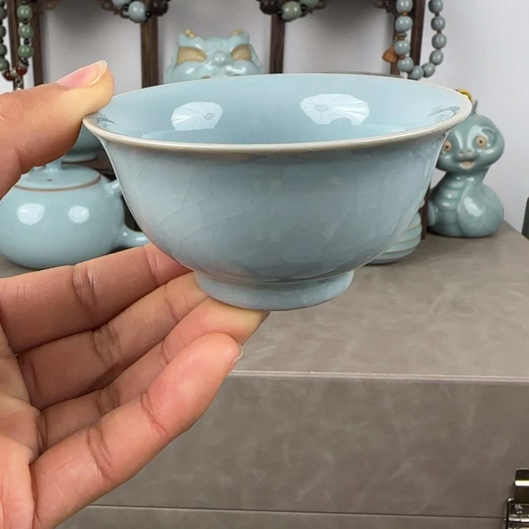 瓷片汝瓷压手杯支钉烧天青釉