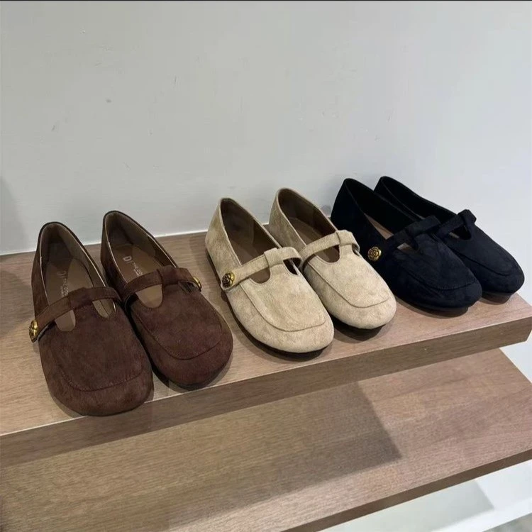 法式复古绒面镂空一字扣带玛丽珍鞋女2025春秋新款芭蕾舞平底单鞋