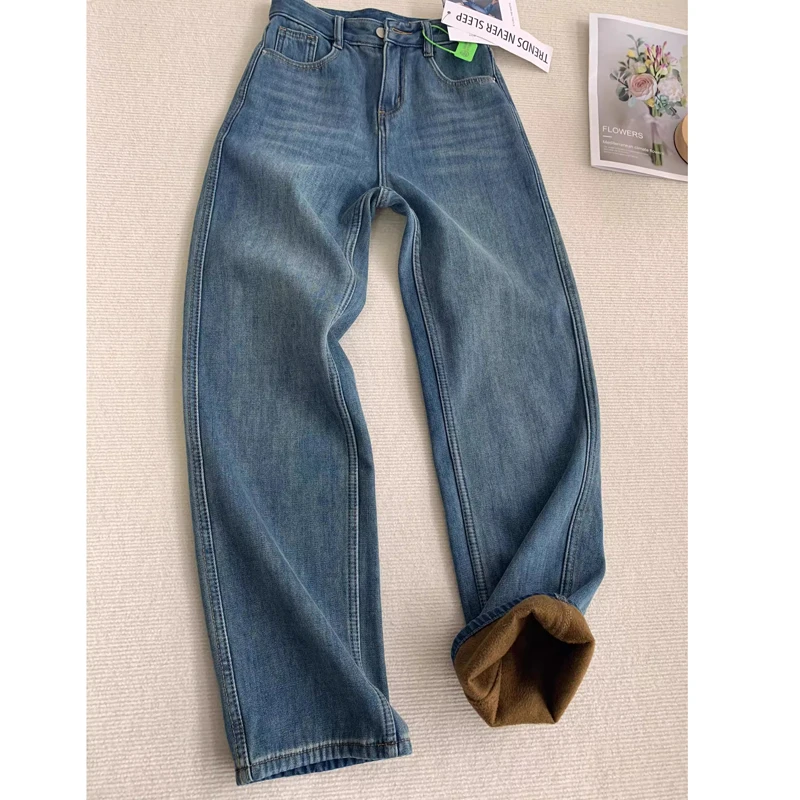 加绒直筒牛仔裤女秋冬季新款小个子高腰显瘦梨形窄版宽松加长裤子