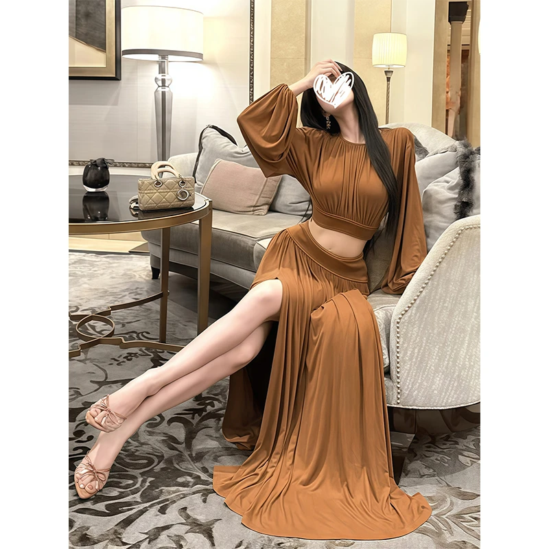 辣妹风修身显瘦短款露脐长袖T恤女2025早秋新款高腰开叉长裙套装
