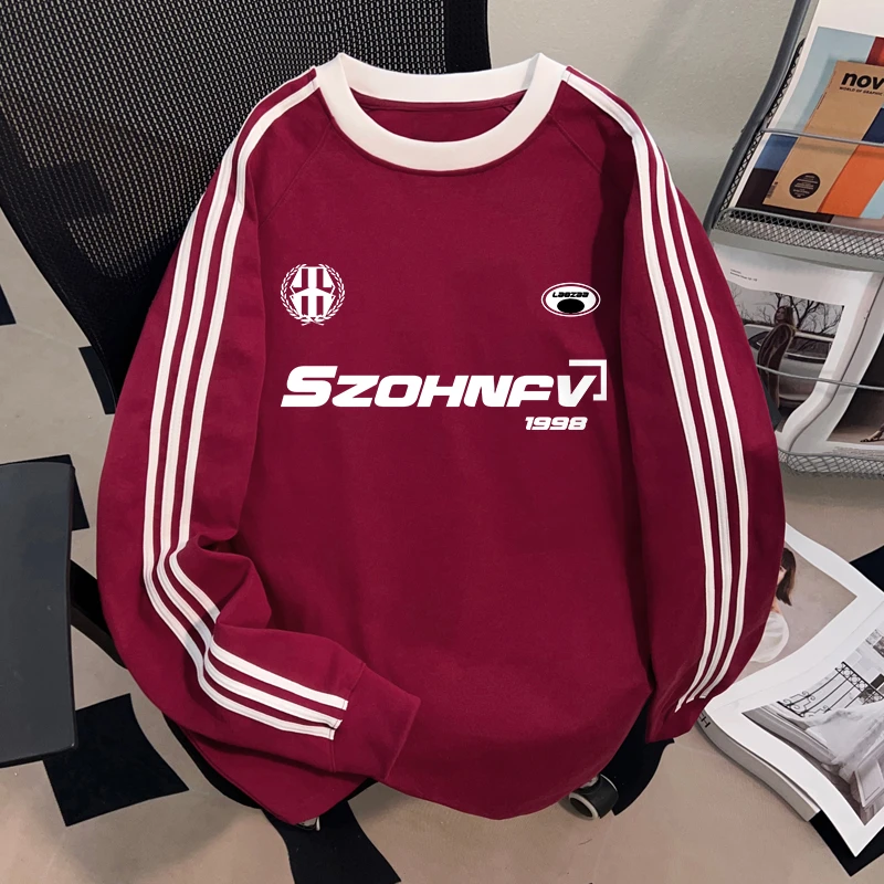 Dekkry潮流街头ins风三条杠t恤秋冬季纯棉长袖男女款oversize上衣