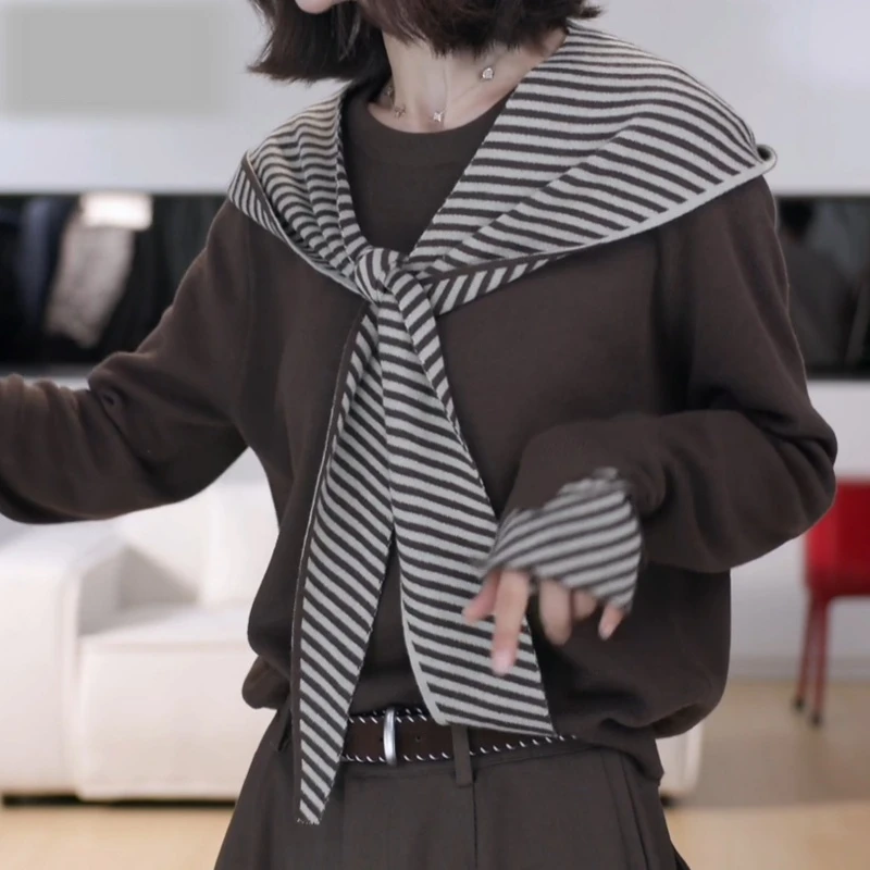 条纹披肩上衣秋冬针织套头款长袖百搭显瘦毛针织衫LK2506618