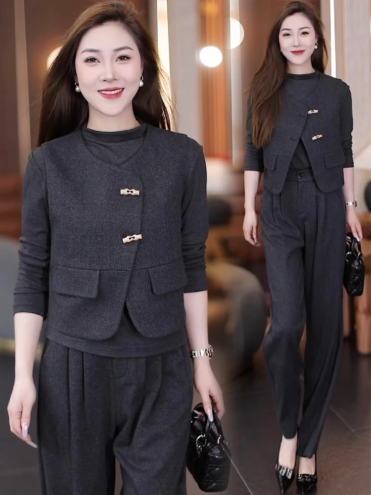 时尚套装女2025春季新款洋气显瘦小香风马甲打底衫阔腿裤三件套潮