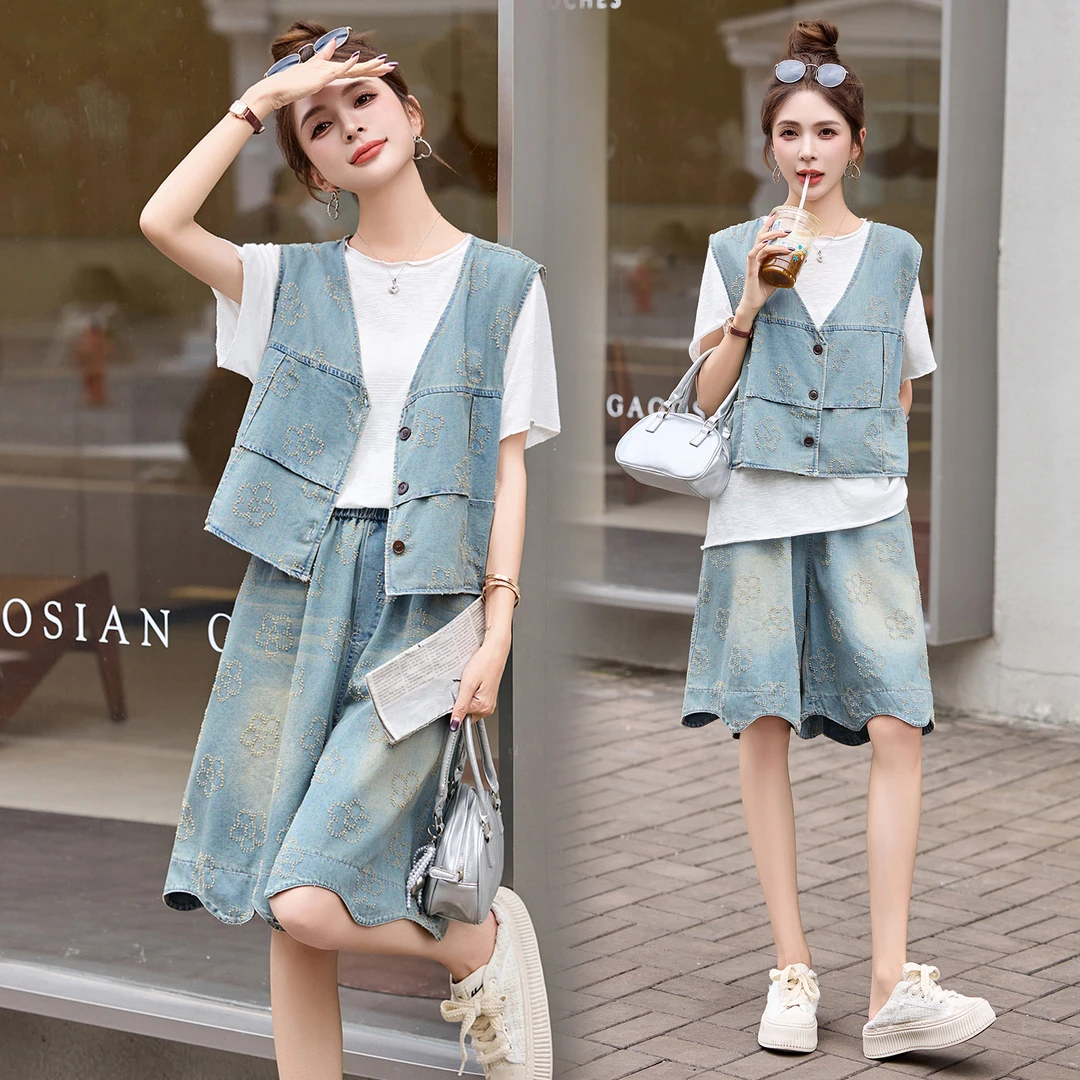 复古刺绣牛仔马甲阔腿5分裤套装女2025夏新款休闲洋气三件套减龄