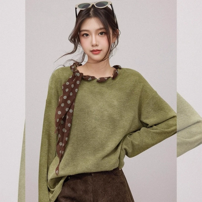 法式波点丝巾设计感长袖T恤女2025冬新款宽松显瘦打底衫上衣