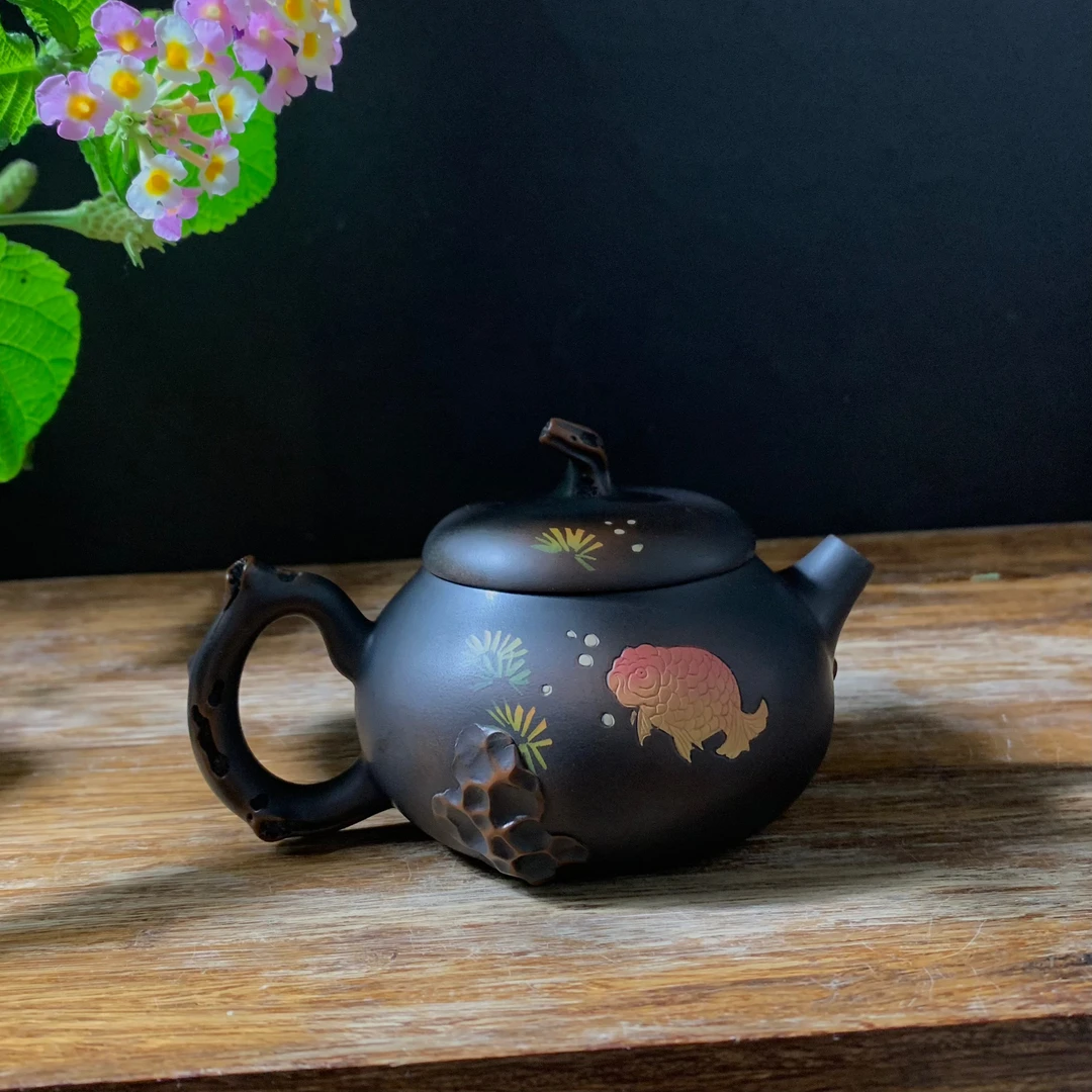 云南建水紫陶茶壶连年有余彩填茶壶福禄仿生葫芦泡茶壶陶瓷壶单壶