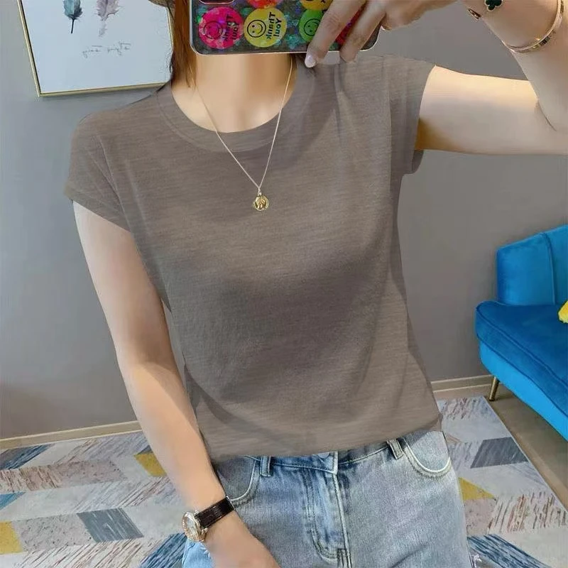 夏季竹节棉薄款短袖T恤2025新款纯色韩版百搭宽松显瘦小衫上衣女