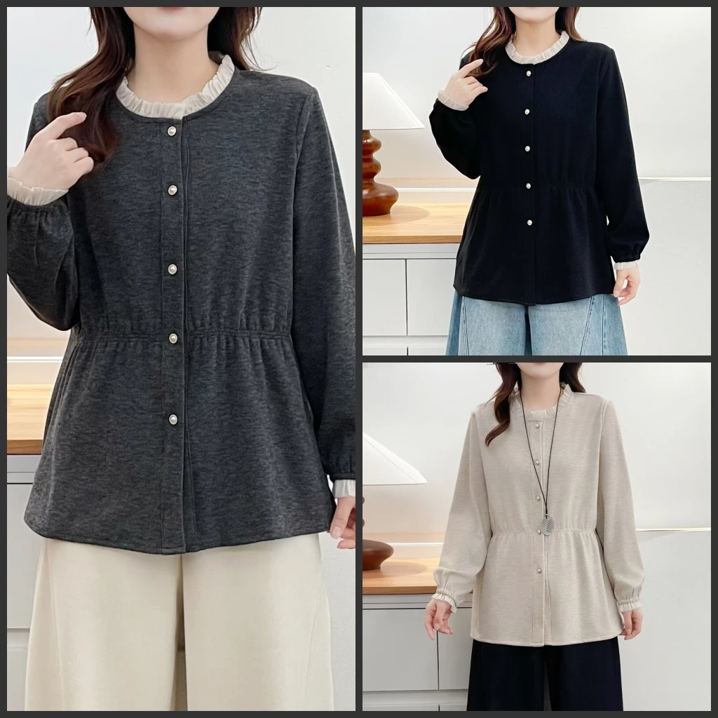 120-200斤大码女装胖mm冬装时尚花边领收腰显瘦长袖T恤保暖打底衫