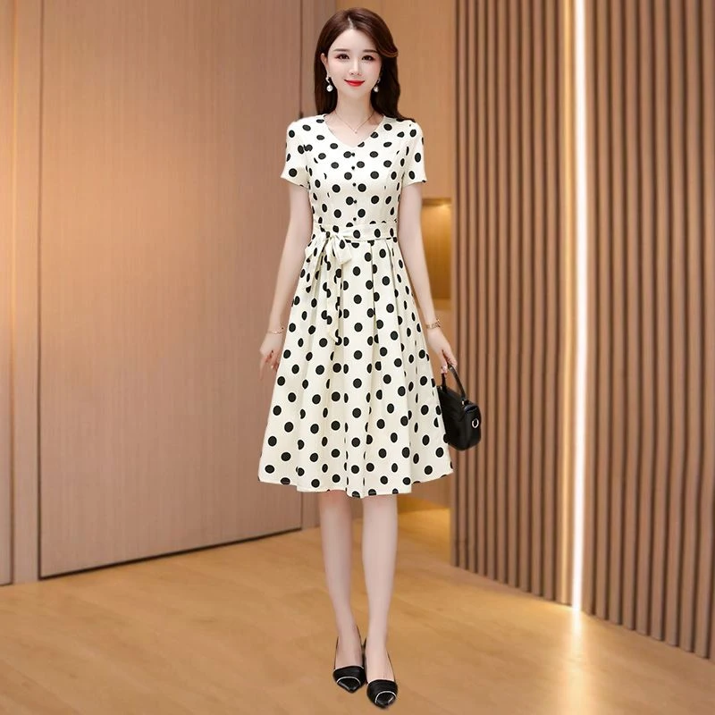 雪纺波点连衣裙2025夏季新款女法式气质修身显瘦收腰短袖领裙子