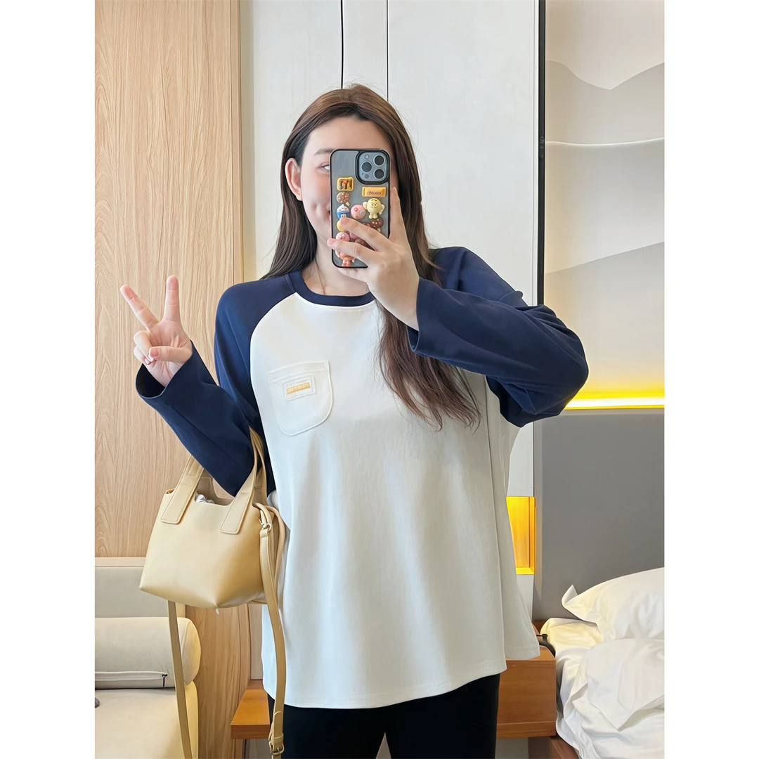 凯瑟琳思/韩版拼色圆领长袖T恤14120花契大码200斤胖mm夏季休闲